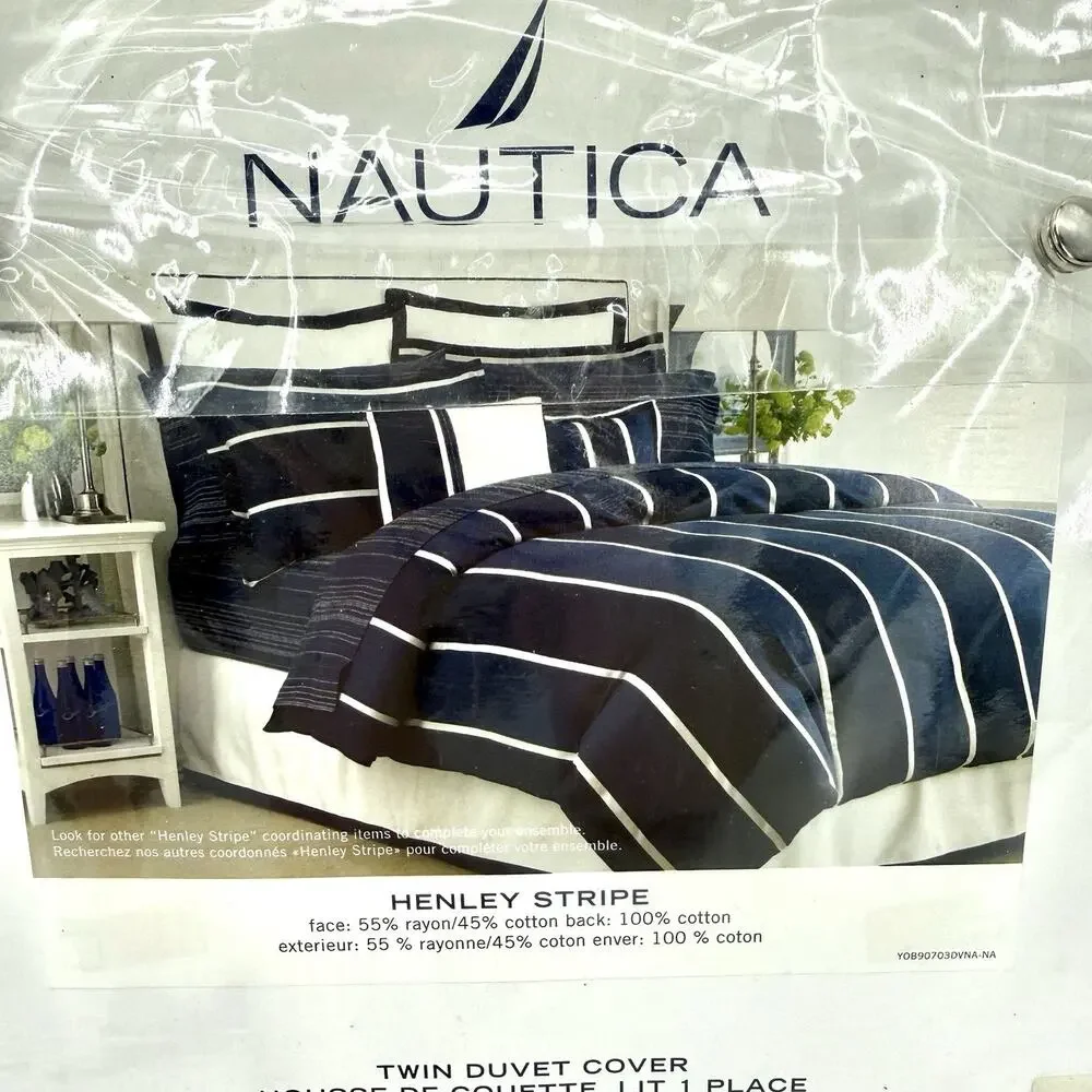 Nautica Henley Stripe Twin Duvet Cover Navy / Gray NIP Coastal Nautical Cabin
